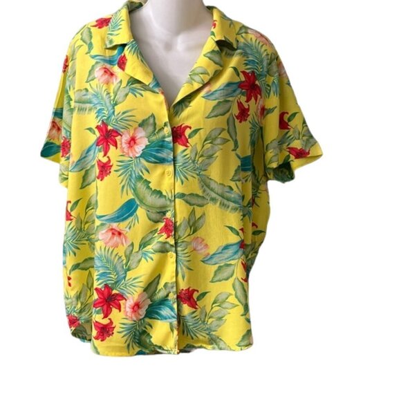 Forever 21 Womens Yellow Floral Short Sleeve Button-Down Hawaiian Shirt Large - Picture 3 of 12